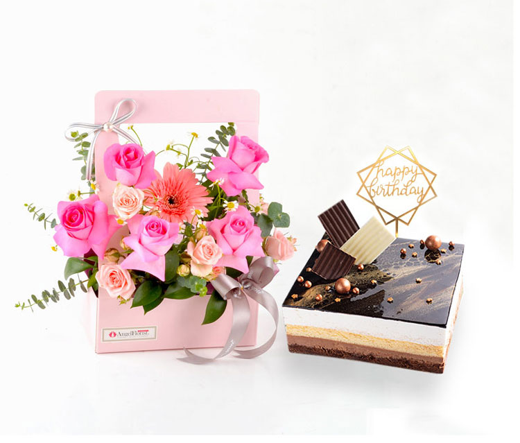 Flower Arrangement and Chocolate Cake