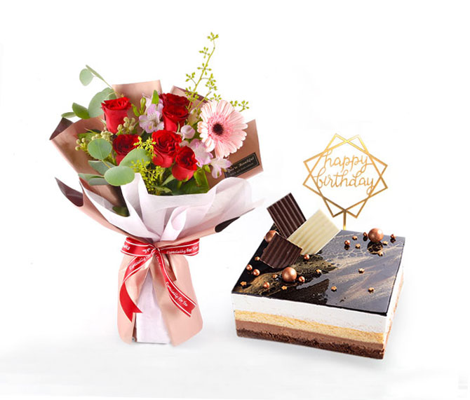 Flower Bouquet and Chocolate Cake